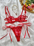 Heart-Shaped Embroidery Mesh Tie Up Lingerie Set-Outfit