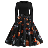 Women Pumpkin Print Party Dress Black Streetwear Gothic Long Sleeve O Neck Vintage Casual Robe Femme Halloween