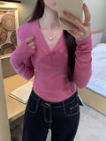 Designers Are Impressed By The Beauty Of V-Neckline Slim Button Long-Sleeved T-Shirt Women's New Sweet And Spicy T-Shirt In Early