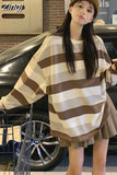 Striped Women Long Sleeve Tshirts Contrast Color Preppy Style O Neck American Loose Hoodies Mid Length Spring Y2k