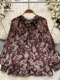 Korean Print Chiffon Shirt Bow Neck Long Sleeves Loose Leopard Top Casual Paisley Vintage Floral Blouse Spring