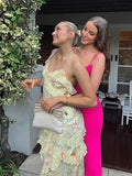 Zingj V Neck Colorful Ruffles Sling Dress Women Backless Sleeveless Slim Floor Length Robes 2024 Lady Beach Holiday Vestidos 211-1-Outfit