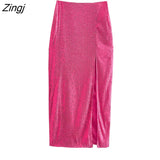 Women High Street Rose Red Sequined Split Midi Skirt Faldas Mujer Female Chic Side Zipper Slim A Line Vestidos