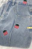 High Waist Women Strawberry Embroidery Jeans Casual Fashion Streetwear Wide Leg Denim Trouser Straight Baggy Denim