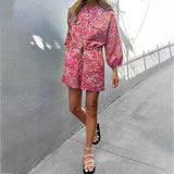 Spot 2025 New Fashion Print Stand Collar Print Rope Shirt Jumpsuit