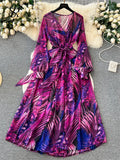 France Retro Chiffon Dress Floral Print V Neck Long Lantern Sleeves Bandage Bow Female Loose Autumn A Line Maxi