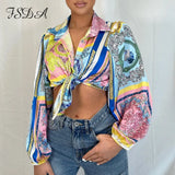 2021 Summer Print Blouse Shirts Women Pink Vintage Long Sleeve V Neck Spring Casual Top Shirt Sexy Fashion