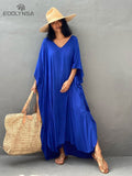 Solid Plus Size Long Kaftan Casual V-neck Robe Summer Batwing Sleeve Woman Clothing Side Split Beachwear Maxi Dress