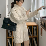 Ladies Sweater Set Turtleneck Loose Pullovers & Elastic Waist Lace-up Shorts Women 2 Pieces Knitted