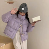 Sweet Wood Button Short Down Jacket Female 2024 Winter New Stand Collar Small Warm White Duck Down Bread Coat-Outfit