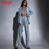 Fashion Black Glitter Women Two Piece Outfits 2022 Elegant Loose Long Sleeve Tops And High Waisted Trousers Female