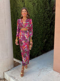 Tie-dye Print Twist Knotted Midi Dress Women Sexy V Neck Hollow Out Puff Sleeves Robe 2024 Summer Lady Chic Slim
