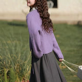 Left Bank Lazy Purple V-Neck Knitted Cardigan Blouse 2024 Autumn And Winter New Small Sweater