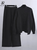 Winter Women Sweater Suits Thick Turtleneck Loose Sweater+ Wide Leg Long Pants Female Knitted Warm Two Pieces