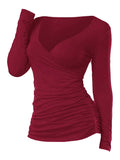 Zingj Women Black Ruched Plunging Long Sleeve T Shirt Autumn Spring V Neck Casual Solid Female Tops Tees 3XL 1215-0-Outfit