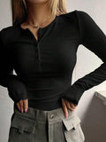 Solid Color Breasted V Neck Slim Long Sleeve Knit- Outfit