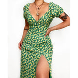 Zingj Spring And Summer New Flower Print Small Fresh And Sweet V-Neck Long Dress