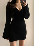 SUCHCUTE Elegance V Neck Knitted MIdi Dress Women Korean Fashion Black Evening Dresses Vintage Casual Streetwear Skinny