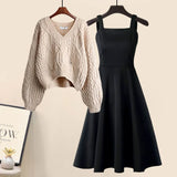 Zingj And Winter Suit Women's 2024 New French Feeling Cross Knit Sweater With Fishtail Dress Two Sets-Outfit