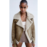 Winter New Women's Double-Sided Fur Integrated Suede Motorcycle Style Jacket Coat