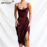 Satin Split Ruched Dress Women Black Spaghetti Strap Party Dress Women Spring Streetwear Slim Off Shoulder