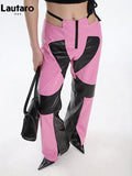 Spring Autumn Sexy Pink and Black Patchwork Hollow Out Pu Leather Flare Pants for Women Emo Designer Gyaru Clothes