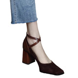 Zingj And Autumn New High Heels Female Suede Retro Square Head Thick With Cross Buckle Belt Korean Version Of Shallow Mouth Mary Jane Single Shoes Female-Outfit