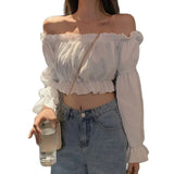 Zingj And Summer 2024 New One-Line Collar Off-Shoulder Design Top Female Student High Waist Crop Bubble Sleeve T-Shirt-Outfit