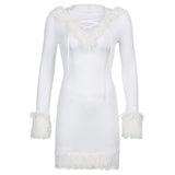 Furry White Bodycon Mini Dresses Women Autumn Long Sleeve Hooded V Neck Dress Skinny Fuzzy Party Streetwear