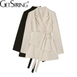 Women Blazer Dress long slim Patchwork Asymmetry Vintage Women Coat Jackets Black Apricot Bandage Fashion