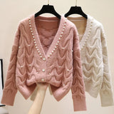 beaded V-neck knitted cardigan women's spring 2021 new fashion all-match knitted outer wear