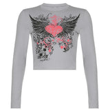 Heart Print 2000s Aesthetic Crop Top T Shirt Women Harajuku Black Long Sleeve T-shirt Ladies Fashion Basic