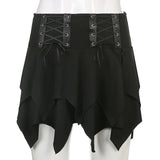 SUCHCUTE Dark Academic Irregular Women Mini Skirts Gothic Low Waist Grunge Fairycore Skirt Ruffles Streetwear Punk Style