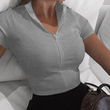 Hot Fashion Slim Fit Zipper Stretch Knitted T Shirt Women Female Bustier Corset High Neck Skinny Croped tee lady