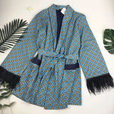 2020 Blue Printed Kimono Jacket with Feather Sleeves Wide Leg Loose Cuasal Trousers Women Vintage Clothing