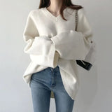V-Neck Solid Color Loose SweaterOutfit