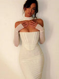 Double Layers Mesh Sexy Summer Dress Women 2022 Strapless Long Sleeve Bodycon Midi Dresses Solid Elegant Party