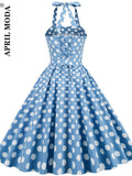 De Cocktail Vintage Dress Halter Cotton Polka Dot Print Blue Short Party Sundress 50s 60s Retro Pin Up Rockabilly