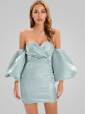 Off Shoulder Puff Sleeves Mini Slim Dress Women V Neck Strapless Lantern Sleeve Mini Dress Celebrity Party Club Satin