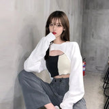 Solid Color Street Sweatshirt Casual Hoodie Cropped Top Women's O-Neck Pullover Long Sleeve Irregular Short Loose