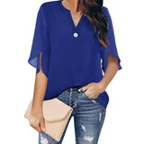 Short Sleeve Elegant Casual Pullover Solid Color V-neck Chiffon