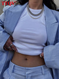 Casual Long Sleeve Blazer Two Piece Sets Womens Outfits Elegant Loose Wide Pants Sets Fashion Blue Cotton Trouser