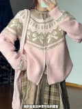 Pink Jacquard Bow Knitted Cardigan- Outfit