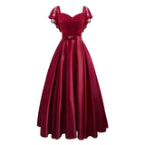 Burgundy Party Dress Floral Lace Long Women Short Sleeve Ruffle Elegant Red Blue Black Casual Maxi Date Satin