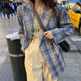 Vintage Loose Women Jacket Plaid Blazer Autumn Chic Double Breasted Female Long Suit Jackets Stylish Ladies