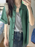 Summer Short Sleeve Plaid Loose Women Blouse Y2k Aesthetic All Match Single Breasted Blusas Fashion Harajuku Pocket