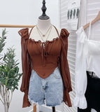 Spice Girls Shoulder-Mounted Neck With Long-Sleeved Chindal Wooden Ear-Deared Shirt Short With Chest Cushion Top