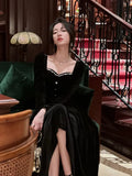 Wedding Party Black Velvet Midi Dresses for Women 2023 Autumn Square Neck Long Sleeves Evening Prom Mini Female
