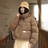Hooded Down Bread Suit Women's 2024 Winter Fashion Design Sense Pocket Thick Warm White Duck Down Casual Jacket-Outfit
