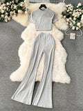 2024 Y2k Women Sets Short Skinny Crop Tops+Long Flare Pants Simple Style Fashion Streetwear Casual Two Pieces